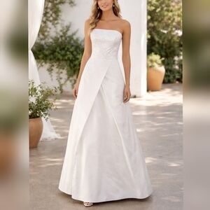 Alfred Angelo Vintage 00s Y2K Beaded Tulip Skirt White Satin Wedding Dress sz 14